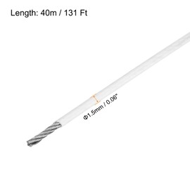 MECCANIXITY 131Ft(40M) Wire Rope 304 Stainless Steel Cable 1/16" (1.5 mm) Vinyl Coated with 6pcs Aluminum Sleeves for Hanging, Clotheslines, Lifting White