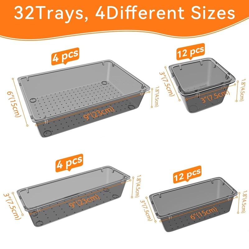 WOWBOX 32 PCS Clear Plastic Drawer Organizer Set, 4 Sizes