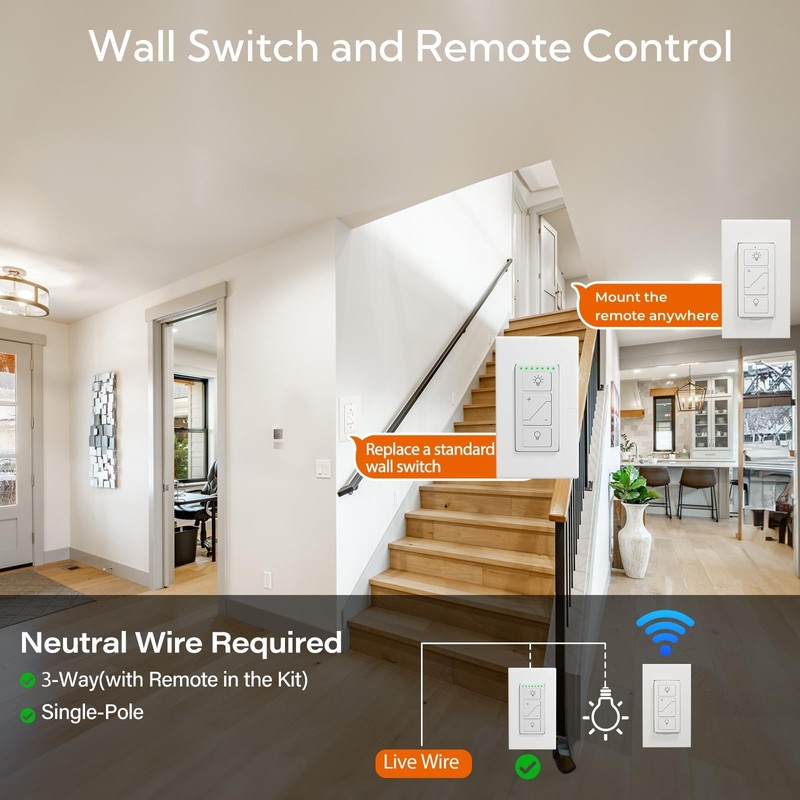 Smart Dimmer Light Switch with Wireless Remote, Compatible with Alexa