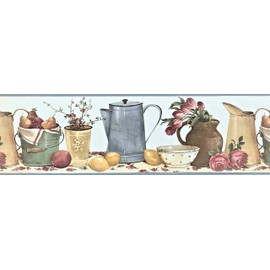 CONCORD WALLCOVERINGS ™ Wallpaper Border Garden Pattern Flowers Fruits Dishes Buckets on Shelf for Cottage Farm House, White Green Beige Red Blue Yellow Green Brown, 7 Inches by 15 Feet KB79741