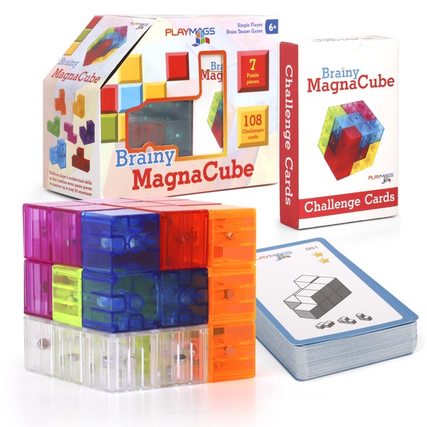 Playmags Brainy Cube with Brainy Cube Challenge Cards, Building Blocks for Creative Open Play, Educational Toys for Kids Age 3+