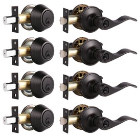 4 Sets-Front Door Entry Lever and Single Cylinder Deadbolts Combination Set, Keyed Alike Interior and Exterior Hardware, Oil Rubbed Bronze Door Handlesets, Combo Pack, Drop/Wave Shape Lockset Leverset