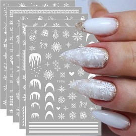 3D White Snowflake Nail Stickers Christmas Nail Art Stickers Snowflake Stickers for Nails Christmas Nail Decals for Nail Art Supplies Xmas Snowflake Nail Decorations Winter Nail Accessories Manicure