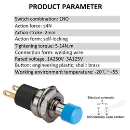 DIYhz 5Pcs Self Locking SPST Latching Type Dash ON/Off Blue Push Button Switch AC 250V/3A