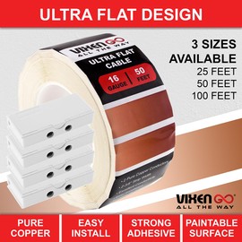 VIXEN GO Hidden Flat Wire 2 Conductor 16 Gauge Paintable Cable for Audio Speakers, Smart Doorbell, LED Lighting, Low Voltage Appliances 50 FT + 4 Quick Connectors