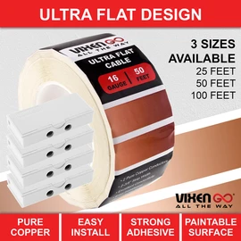 VIXEN GO Hidden Flat Wire 2 Conductor 16 Gauge Paintable Cable for Audio Speakers, Smart Doorbell, LED Lighting, Low Voltage Appliances 50 FT + 4 Quick Connectors