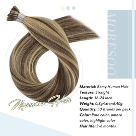 Moresoo 16 Inch Itip Human Hair Extensions 100% Remy Hair Bonded Hair Extensions Human Hair Color #4 Dark Brown Mixed with #27 Caramel Blonde Hair Extensions Keratin I Tip Hair Extensions 40g 50s