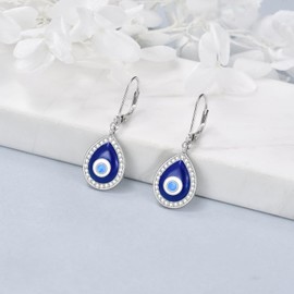 YAFEINI Evil Eye Earrings Sterling Silver Leverback Evil Eye Dangle Drop Earrings Turkish Protection Jewelry for Women