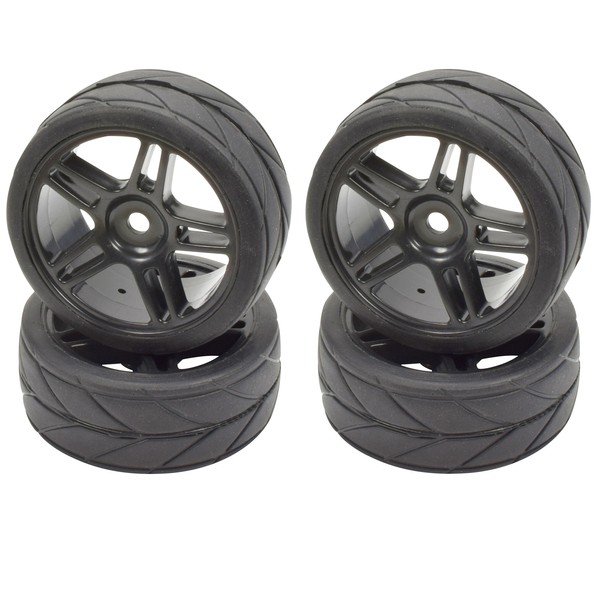 Apex RC Products 1/10 On-Road 12mm Black Split 5 Spoke Wheels V Tread Rubber Tires (Set of 4) #5001