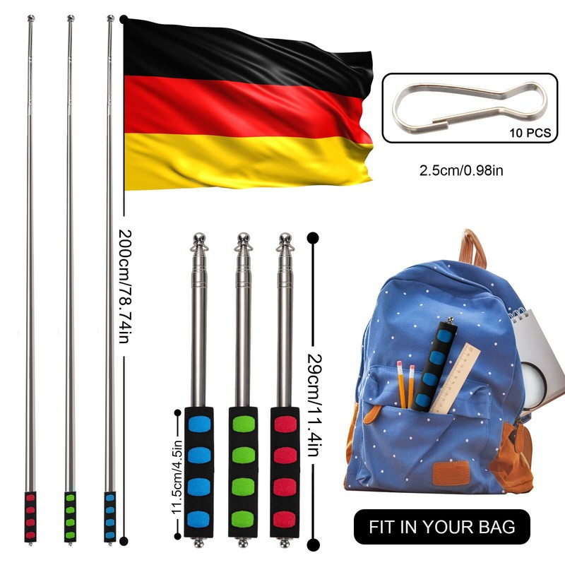 Telescopic Flag Pole 3pcs 2M Stainless Steel Handheld Flag Pole