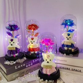 Artificial Rose Bear Gift with Glass Dome, 1 Count Battery Powered Romantic Glass Cover Rose Bear Flower Gift with Light, Decorative Flower for Home Party Wedding Anniversary(without Battery) - Color: Purple bear, Specification: one-size