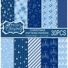 MIAHART 30 Sheets Merry Christmas Pattern Paper Set A4 Size 10 Designs Festival Decorative Craft Paper Double-Sided for Card Making Scrapbook, Blue and White