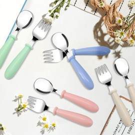 Bomtop Baby Fork and Spoon, Children's Cutlery Stainless Steel 8pcs Set, Kids Cutlery Toddler Utensils - 4 x Forks, 4 x Dinner Spoons, Feeding Utensils Weaning Spoons for Kids (Green Blue Pink White)