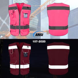 TCCFCCT Pink Safety Vest for Men Women 9 Pockets High Visibility Reflective Vest for Safety, Work Vest with Reflective Strips, Meets ANSI/ISEA Standards, X-Large