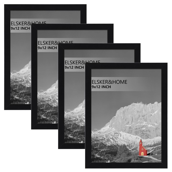ELSKER&HOME 9x12 Picture Frame Set of 4, Black Sturdy Wood