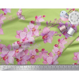 Soimoi Green Viscose Chiffon Fabric Bird & Orchids Flower Print Fabric by Yard 42 Inch Wide