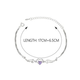 Edary Purple Rhinestone Bracelet Silver Heart Bracelets Wing Adjustable Hand Chain Gift Trendy Jewelry Accessories for Women and Girls