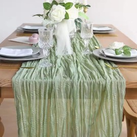 Sage Green Cheese Cloth Table Runner 35x120 Inch Boho Rustic Gauze Cheese Cloth Table Runner for Wedding Bridal Baby Shower Birthday Party Table Decor (Sage Green, 2 Pack)