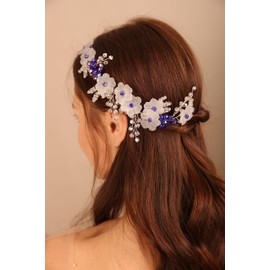 BERYUAN Women White Flower Blue Beads Crytsal Hair Vine Silver Wedding Handmade Headband Flower Beads Hair Accessory Silver Headpiece for Brides Bridesmaid