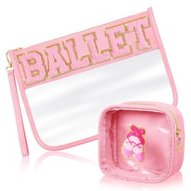 SUILU 2 Pcs Ballet Gifts Cosmetic Makeup Bag with Chenille Letter Patch,with Handles PVC Waterproof Clear Makeup Bag,Portable Toiletry Storage Bag