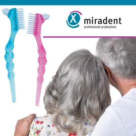miradent Protho Brush® De Luxe Pink Denture Brush Pack of 1 | Two Sizes on Bristle Areas | Large Ergonomic Handle | Available in Two Colours | Ideal for on the Go