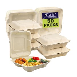 SoGreenPack 50 Packs Disposable 8x8 Clamshell with 3 Compartments Take-Out Container Compostable Biodegradable Bagasse & Eco-friendly To Go Container for Food