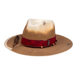 RUEDIGER Vintage Wide Brim Fedora Hats 100% Wool Stiff Felt Hat Rancher Hat with Lightning Logo Handmade Distressed/Burned Warm Yellow