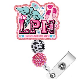 JoyAura ID Badge Holder - LPN Badge Reel Retractable with Beaded for Work Accessories, Medical Assistants Pink Acrylic ID Badge Clips Nurse Appreciation Gift for Women