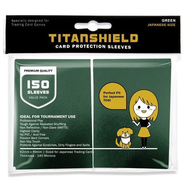 TitanShield (150 Sleeves/Green) Small Japanese Sized Trading Card Sleeves Deck Protector for Yu-Gi-Oh, Cardfight!! Vanguard & More