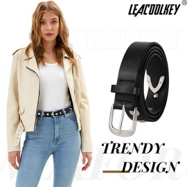 LEACOOLKEY Women's Fashion Leather Belt Women Belt for Jeans Dress Women's Punk Leather Belt Women Rivets Leather Belt Women's Vintage Belt, B-Black(Silver Buckle)