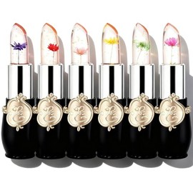 FirstFly - Juego de 6 lápices labiales con flores de cristal, larga duración, nutritivo bálsamo labial hidratante de labios, color negro