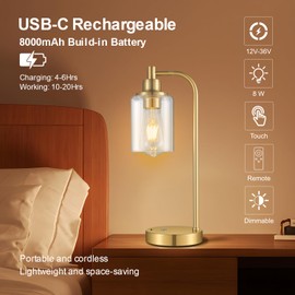 2 Pack Cordless Table Lamp Rechargeable, 8000mAh Battery Operated Desk Lamp with Remote Control, Dimmable Touch Bedside Lamps with Glass Shade, Portable Night Light for Dining Room, Bedroom, Gold