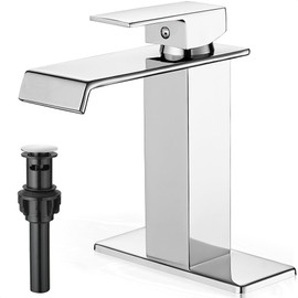 HOIGY Chrome Bathroom Faucet Single Hole, Brass Waterfall Bathroom Sink Faucet Single Handle, 4 Inch Faucet for Bathroom Sink 3 Holes with Deck Plate, Pop-Up Drain & Supply Hose for Houses Save Water