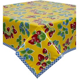 Freckled Sage Strawberry Yellow Oilcloth Tablecloth with Navy Gingham Trim You Pick The Size 48x84