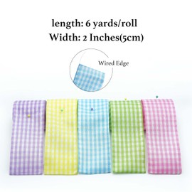 5 Rolls Easter Plaid Wired Ribbon, Purple, Yellow, Blue, Green, Pink Spring Wired Ribbon for Wreaths, Gift Wrapping, Home Decor, 2"6yds, 30yards