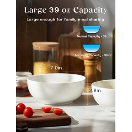 DOWAN 39 OZ Soup Bowls Set of 4 - Large Cereal Bowls, White Ceramic Big and Deep Ramen Bowls for Noodle, Pasta, Salad, Mixed Fruit - Dishwasher & Microwave Safe