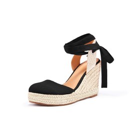 Nailyhome Sandalias de cuña de alpargata para mujer con puntera cerrada, plataforma con cordones al tobillo, negro - B, 8 US