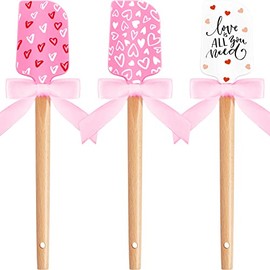 3 Sets Valentine's Day Silicone Spatulas with Wooden Handles Valentine Pattern Heat Resistant Baking Spatulas Silicone Spatulas with Pink Satin Ribbon Bows for Baking, Cooking and Sauteing
