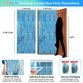 Blue Streamers Party Decorations 3.3x8.2ft 2 Pack Light Blue Tinsel Foil Fringe Curtain Backdrop Ocean Themed Party Decor Photo Booth Props for Birthday Baby Shower Bachelorette Door Hangin Wedding