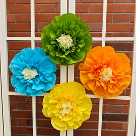 Mybbshower Crepe Paper Flower for Wall Psprt Pom Pom Decor Girls Birthday Party Backdrop Baby Shower Nursery Room Decoration Pack of 9 (Blue Yellow Green)