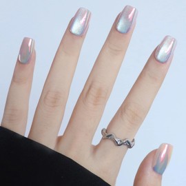 Chrome Press on Nails Short Square Fake Nails Glossy Aurora False Nails with Design Full Cover Artificial Acrylic Nails Glitter Glue Stick on Nails for Women Girls Manicure 15 Size-30 Pcs