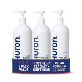 Huron Kit de ducha Jumbo – Champú, acondicionador y gel de baño para hombres – Sal marina + aroma a madera flotante – Champú y acondicionador hidratan