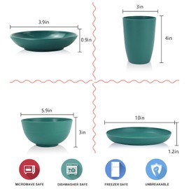 Wrova Wheat straw plates and bowls set of 16 - Unbreakable wheat straw dinnerware sets for kids - Alternative plastic dinnerware set service for 4 - Microwave safe and Dishwasher safe bowls. Green