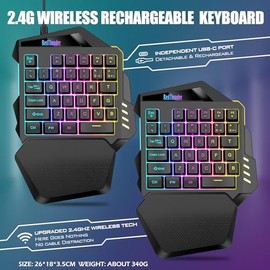 RedThunder Teclado Inalámbrico de Una Mano para Juegos, Mini Teclado Gaming Retroiluminado RGB de 2.4Ghz, Batería Recargable de 2000mAh para Juego en 
