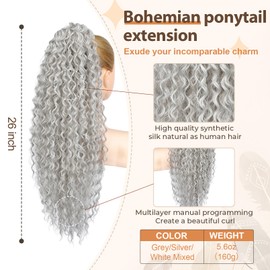 Flufymooz Ponytail Extension, 26 Inch Bohemian Style Drawstring Ponytail Hair Extensions for Women, Long Curly Wavy Pony Tail Natural Synthetic Hairpiece for Women (Grey/Silver/White Mixed)