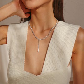 Zeshimb Boho Crystal Choker Necklace Silver Rhinestone Pendent Necklace Crystal Y Lariat Necklaces CZ Tennis Chain Necklace Jewelry for Women and Girls