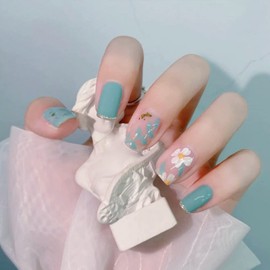 Square Press on Nails Lake Blue Full Cover False Nails with Flowers Designs Cute Short Fake Nails Spring Acrylic Nails for Women and Girls Nail Art Decorations 24Pcs
