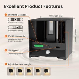 ALUSSO Battery Wall Sconces Set of 2 with Motion Sensor, Rechargeable 4000mAh Wall Lights Dimmable, 3 Colors Adjustable Beam Angle Lamp, Wireless Up Down Night Light for Stairway, Hallway, Black