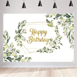 Happy Birthday Backdrop Gold Eucalyptus Green Leaves Birthday Banner Birthday Decorations Happy Birthday Photobooth Props for Birthday Party Supplies for Women 150cm x 90cm