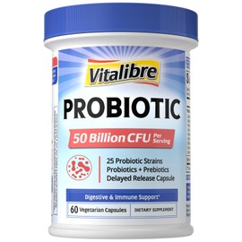 Vitalibre Probiótico para mujeres y hombres, 50 mil millones de UFC, 25 cepas diversas más prebióticos, para la salud digestiva y el apoyo...         